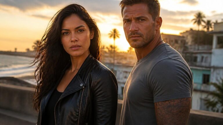 Render oficial de Jason Duval e Lucia Caminos, protagonistas de GTA 6, em cenário urbano de Leonida