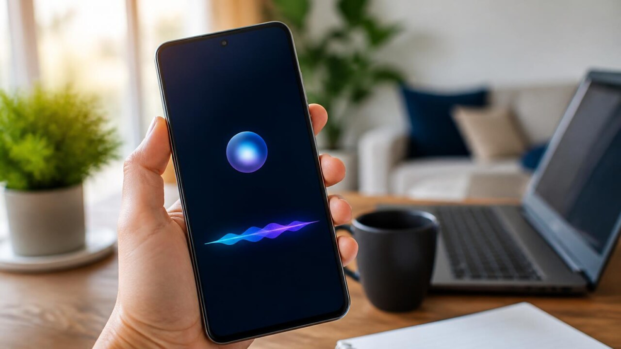 Pessoa usando assistente de voz em um smartphone com ícones de IA ao redor da tela