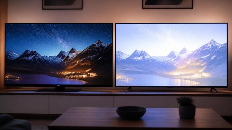 Comparação entre telas OLED e LCD mostrando diferença de cor e contraste
