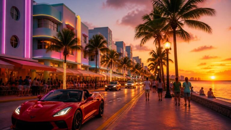 Imagem cinematográfica de uma avenida de Vice City ao pôr do sol com néon e palmeiras ao fundo