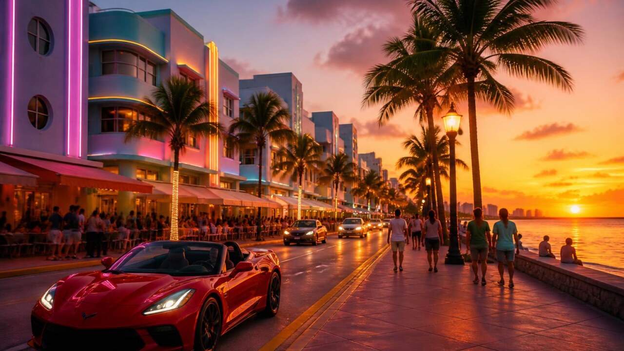 Imagem cinematográfica de uma avenida de Vice City ao pôr do sol com néon e palmeiras ao fundo