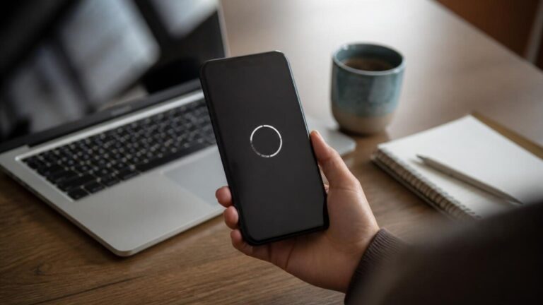 Pessoa segurando smartphone com tela de atualização de sistema em ambiente de trabalho