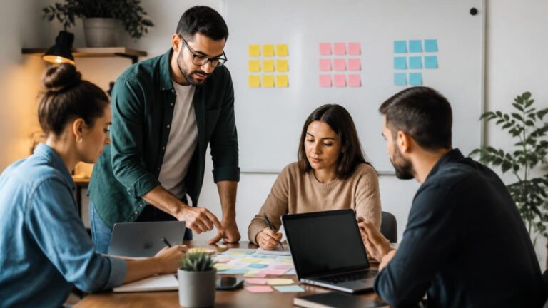 Pessoas colaborando em espaço compacto e produtivo