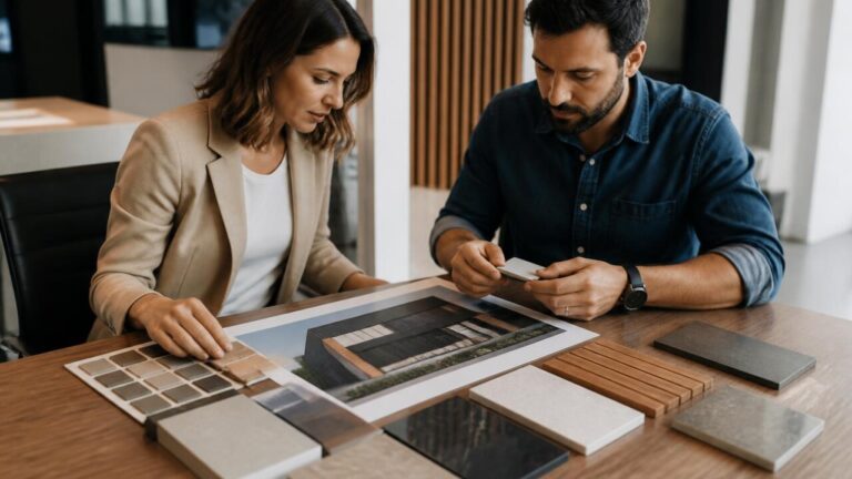 Franqueado e franqueador analisando projeto de personalização de loja com amostras de materiais sobre uma mesa.