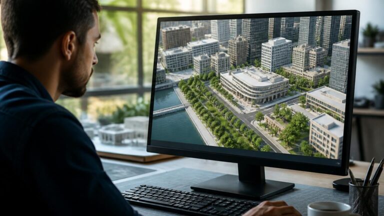 Modelo 3D detalhado de uma área urbana com edifícios, ruas e árvores visto em tela de computador