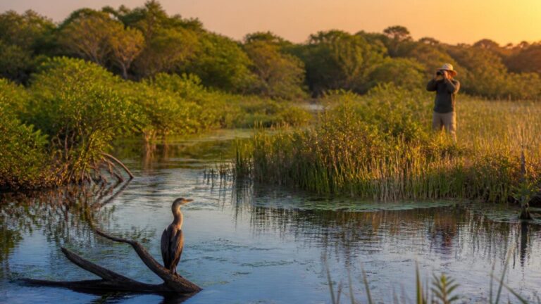 Observador em trilha alagada fotografando aves e vegetação típica de pântano ao entardecer