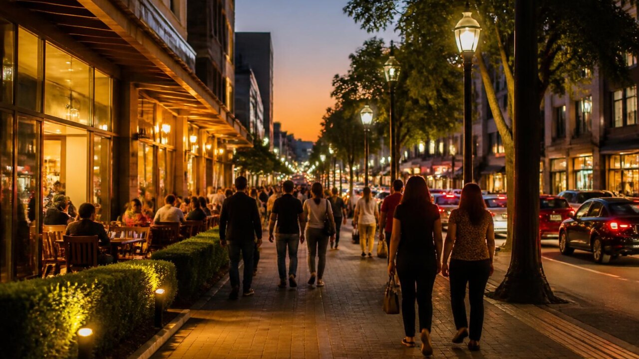 Rua urbana movimentada à noite com pedestres, lojas abertas e iluminação pública clara