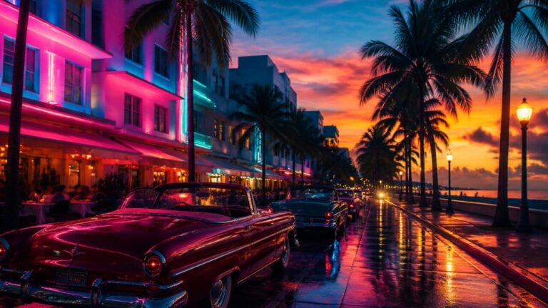 Horizonte urbano com neon ao entardecer, palmeiras e carros retro estilo anos 80 em rua molhada