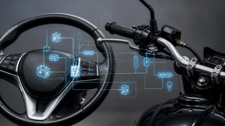 Volante de carro e guidão de motocicleta com gráficos digitais indicando tecnologia eletrônica