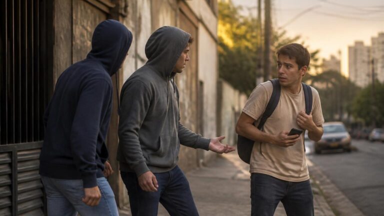 Dois criminosos em postura de abordagem simulada em via pública, foco na rua e sensação de insegurança.