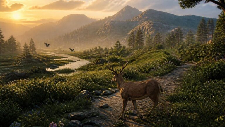 Cena de mundo aberto com animais variados em um vale, incluindo aves em voo e um cervo na trilha.