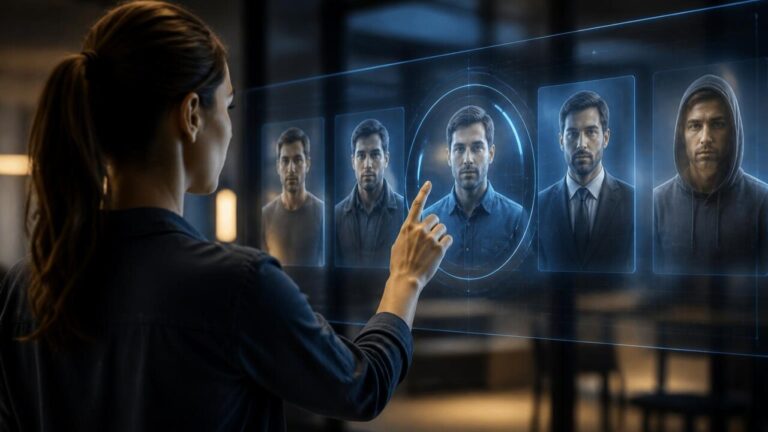 Jogador customizando um protagonista digital em interface futurista
