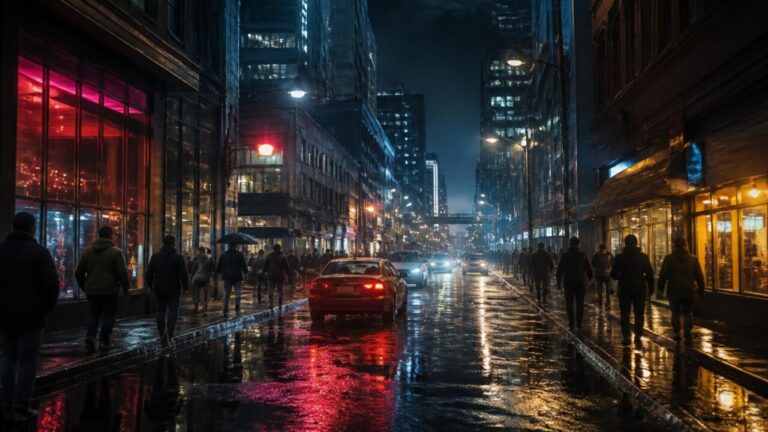 Rua urbana de um jogo com prédios, pedestres e iluminação noturna que sugere vida na cidade