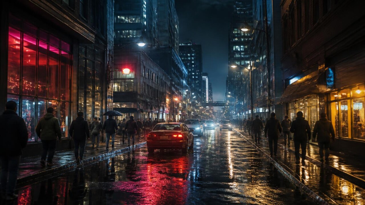 Rua urbana de um jogo com prédios, pedestres e iluminação noturna que sugere vida na cidade