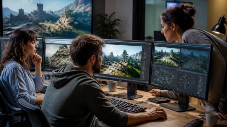 Desenvolvedores trabalhando em modelos 3D e cenas de mundo aberto para equilibrar realismo e diversão