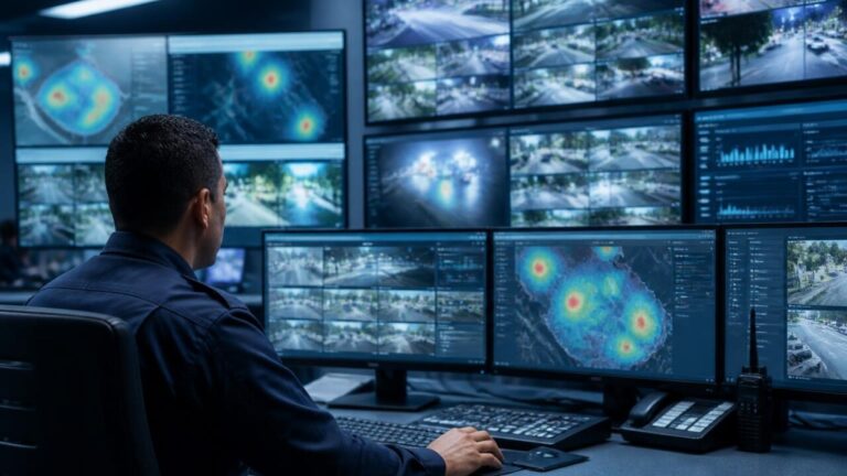 Policial analisando telas com imagens de vigilância e gráficos digitais representando tecnologia e dados