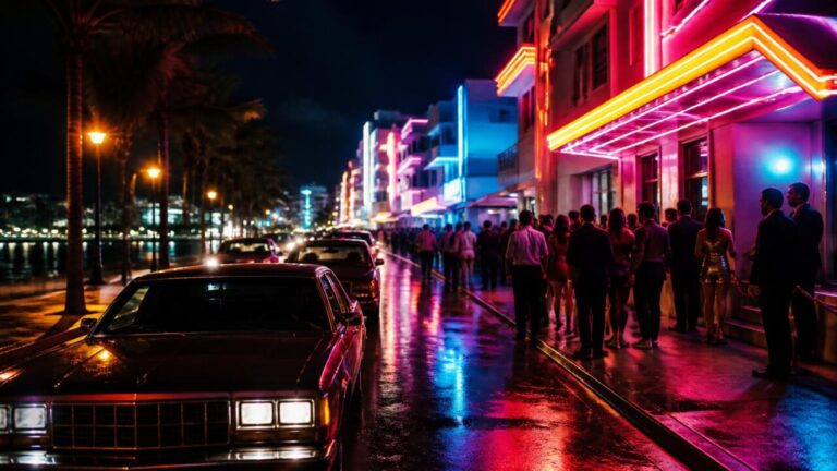 Rua noturna de cidade com letreiros de neon, multidão e reflexos na água