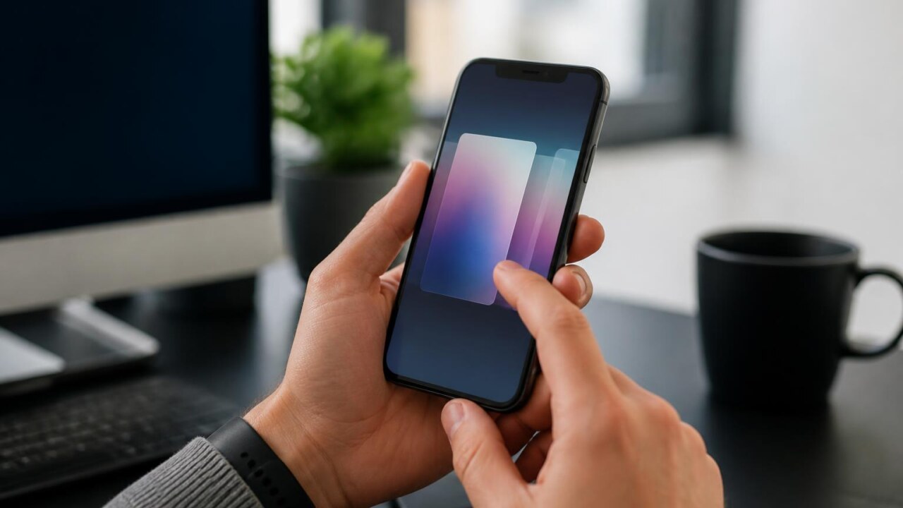 Pessoa usando smartphone com interface animada mostrando transição suave entre telas