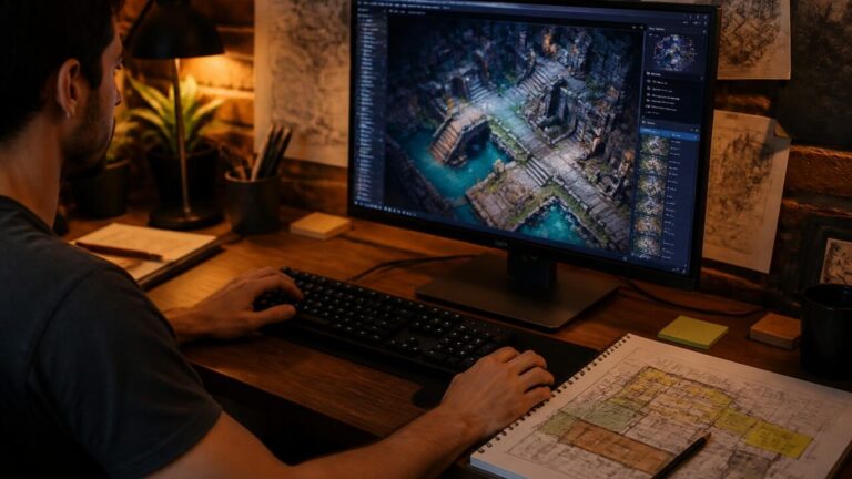 Plano de mapa de jogo em tela com anotações e mãos de designer no teclado