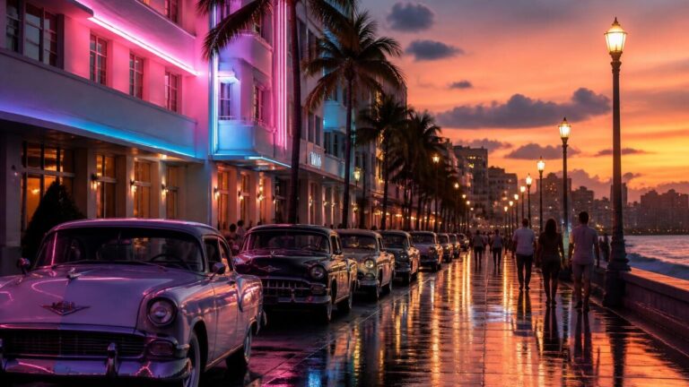 Rua de Vice City ao entardecer com neon refletido em poça de água e prédios ao fundo