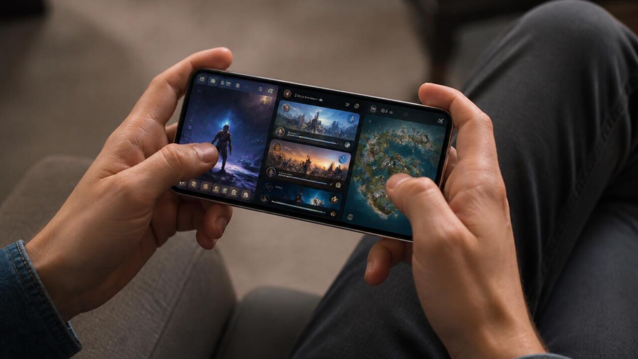 Mãos segurando um celular com interface de jogo mostrando notificações e mapa in-game