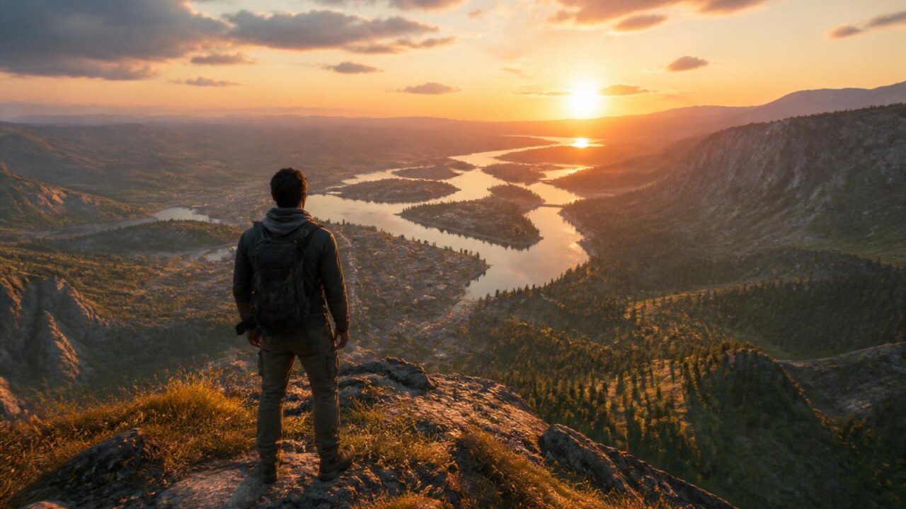 Jogador em um cume observando um vasto mapa de mundo aberto ao entardecer