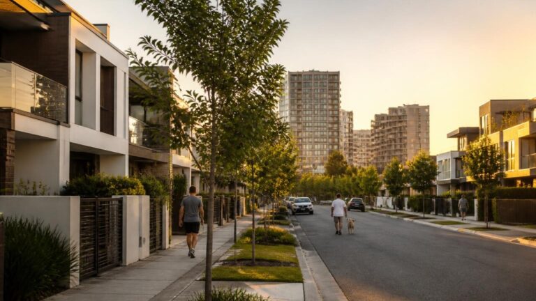 Vista de um bairro residencial com casas e apartamentos em áreas suburbanas durante o dia