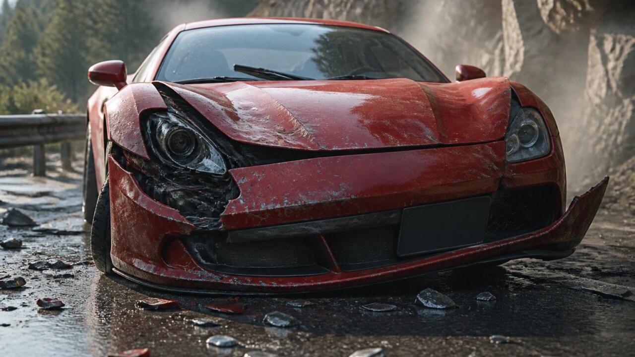 Carro virtual amassado após colisão, destacando deformação realista em jogo