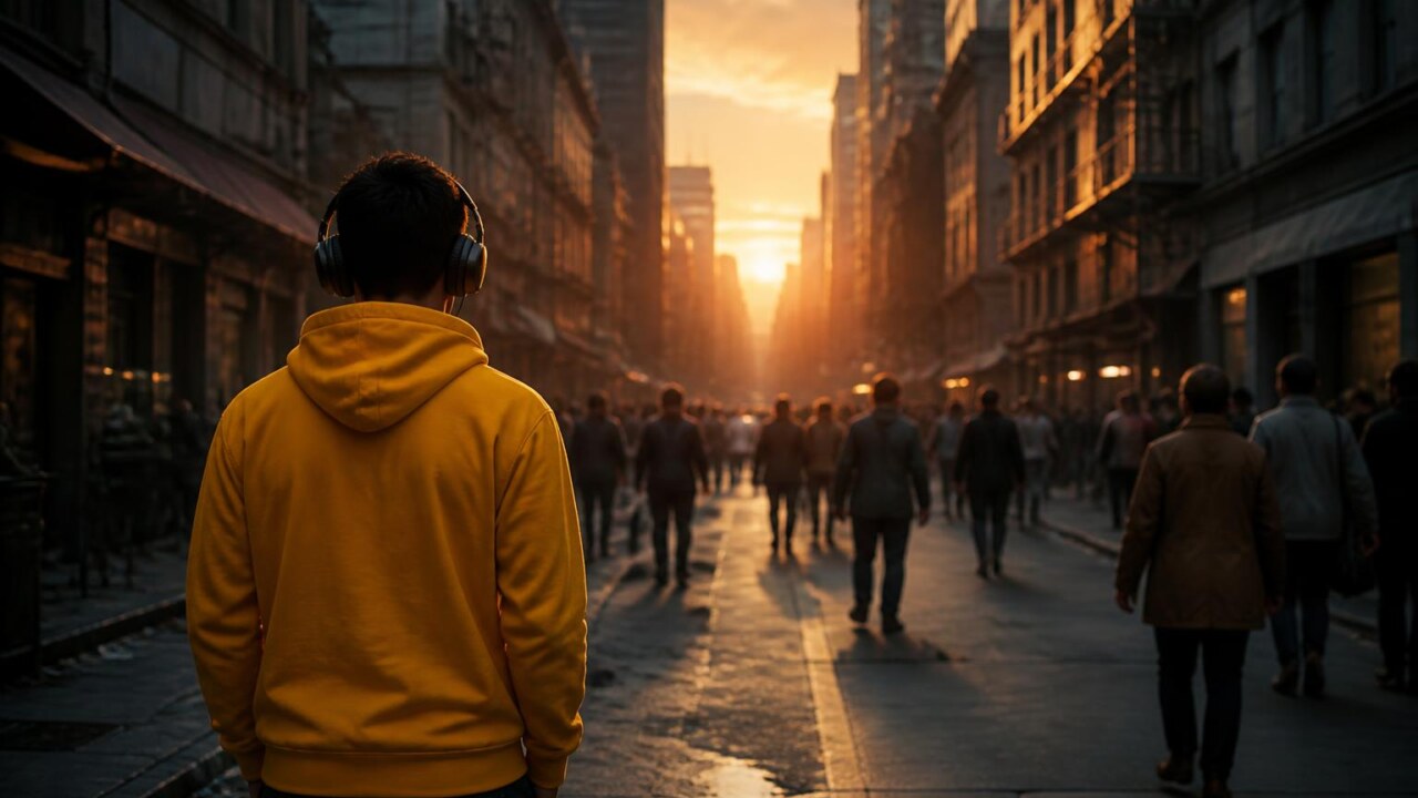 Jogador com traje diferente tentando se misturar a uma multidão em ambiente urbano de jogo