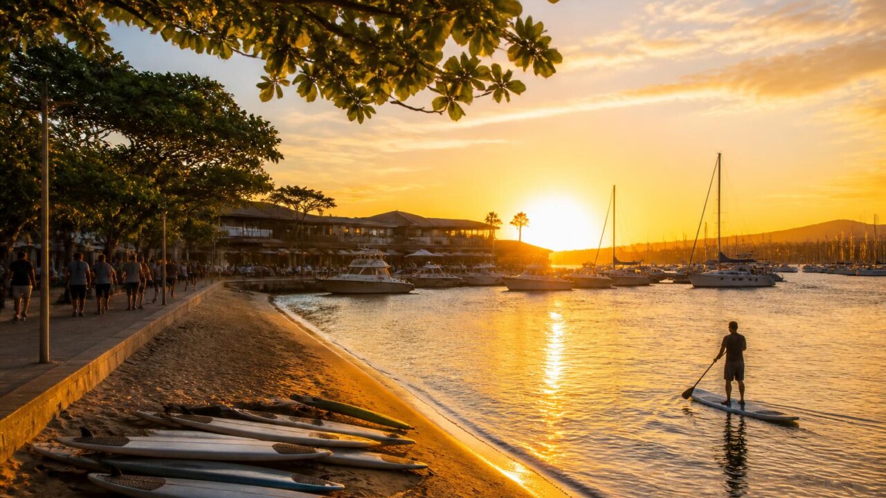 Surfista ao pôr do sol em área urbana costeira com marinas ao fundo