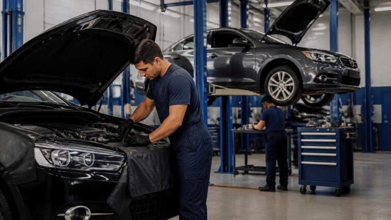 Oficina automotiva organizada com mecânicos trabalhando em veículos, área limpa e equipamentos profissionais.