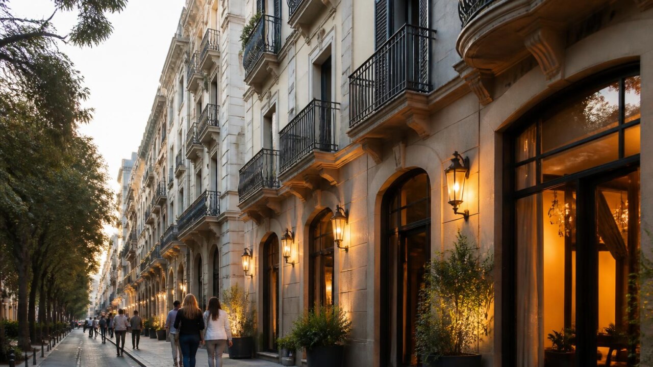 Vista urbana com edifícios convertidos, mostrando fachadas de apartamentos e estruturas de hotel na mesma rua