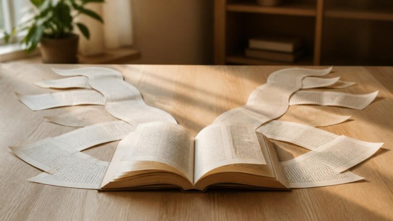 Mesa com livro aberto e páginas que se dividem, simbolizando finais alternativos