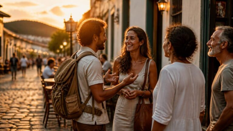 Viajante conversando com moradores locais em uma rua pitoresca durante o pôr do sol