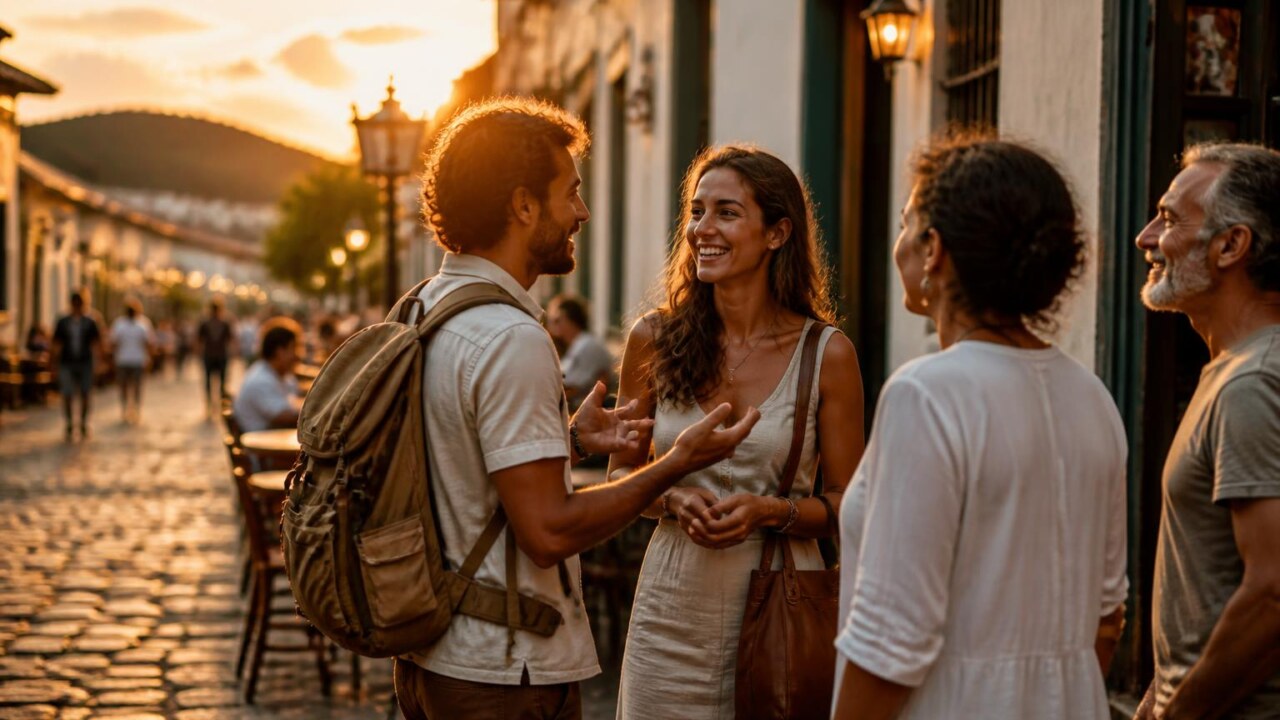 Viajante conversando com moradores locais em uma rua pitoresca durante o pôr do sol