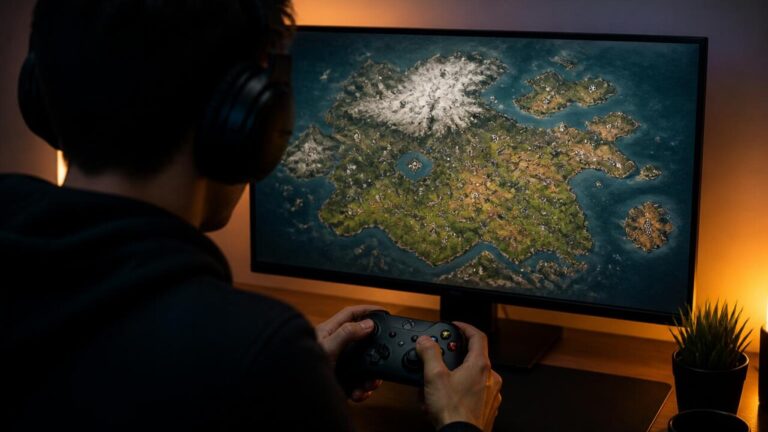 Jogador explorando mapa com eventos marcados no minimapa em jogo de mundo aberto