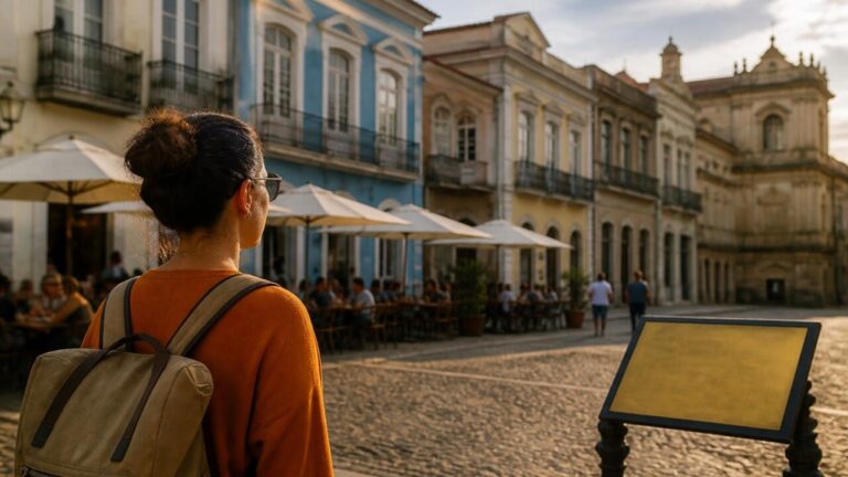 Pessoa olhando uma praça histórica da cidade com prédios antigos ao fundo e detalhes arquitetônicos preservados.