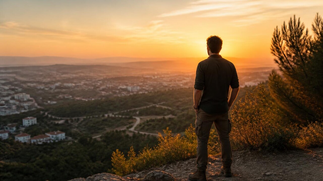 Paisagem de jogo em mundo aberto com colinas, cidade ao fundo e personagem observando o horizonte
