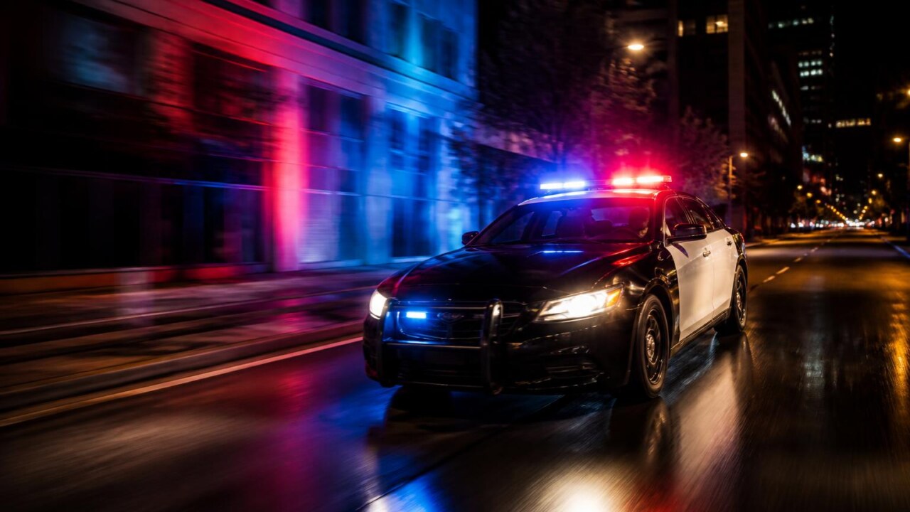Viatura policial em perseguição noturna com luzes acesas em via urbana