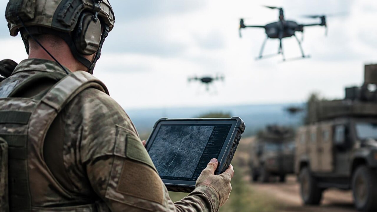 Soldado e equipamento integrado com telas digitais e redes de comunicação em ambiente de operação.