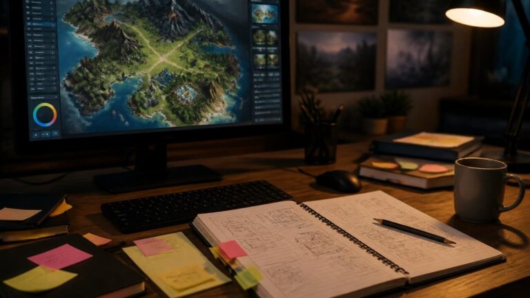 Mesa de trabalho de designer de jogos com notas, tela exibindo um mapa de missões e rascunhos de roteiro