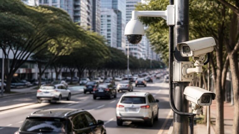 Câmera de vigilância voltada para uma via com vários veículos em movimento