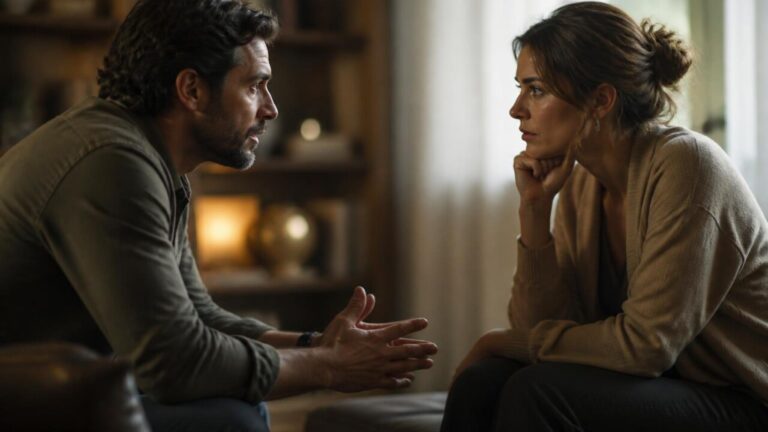 Dois personagens em uma conversa intensa, rosto em perfil, luz suave e fundo desfocado.