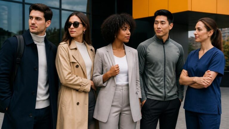 Pessoas diversas em diferentes roupas coordenadas, destacando estilo e funcionalidade em ambiente urbano