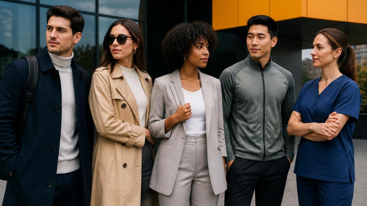Pessoas diversas em diferentes roupas coordenadas, destacando estilo e funcionalidade em ambiente urbano