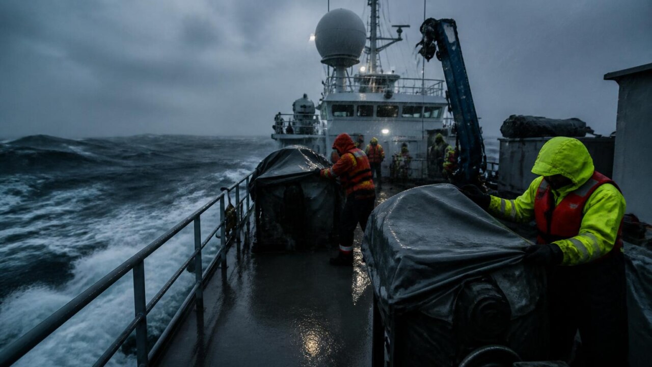 Embarcação e equipe protegendo equipamentos sob chuva intensa e mar agitado durante tempestade tropical