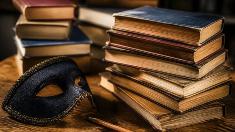 Livros antigos empilhados com uma máscara de teatro e um lápis sobre a mesa