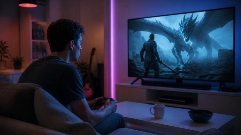 Jogador observando um trailer de jogo em tela grande, expressão de expectativa