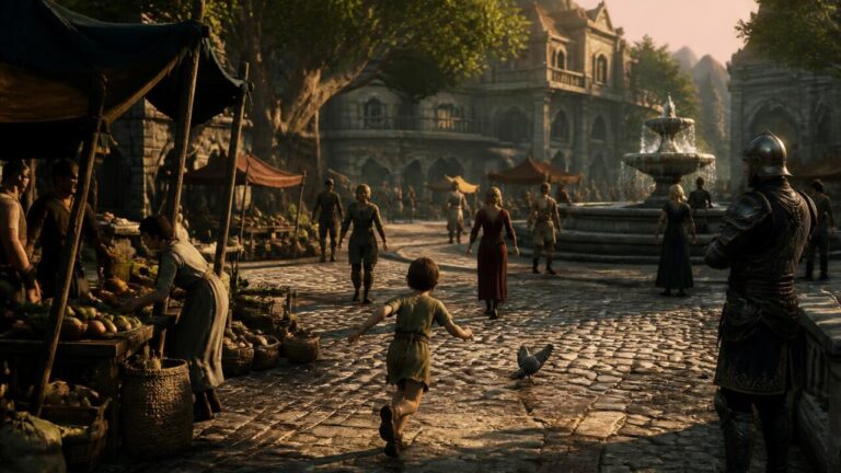 Jogo com personagens não jogáveis interagindo em uma praça movimentada ao entardecer