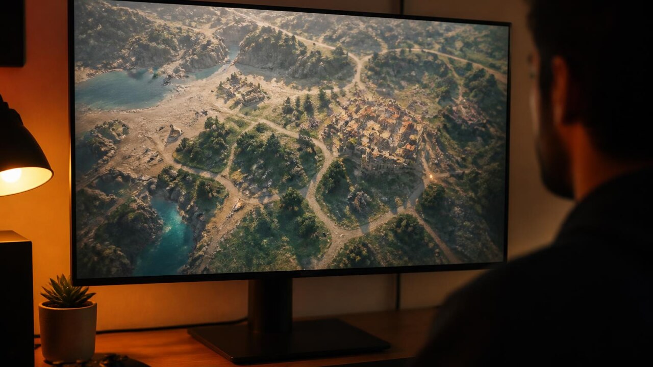 Visão panorâmica estilizada de um mapa de jogo com áreas vazias e pontos de interesse destacados.